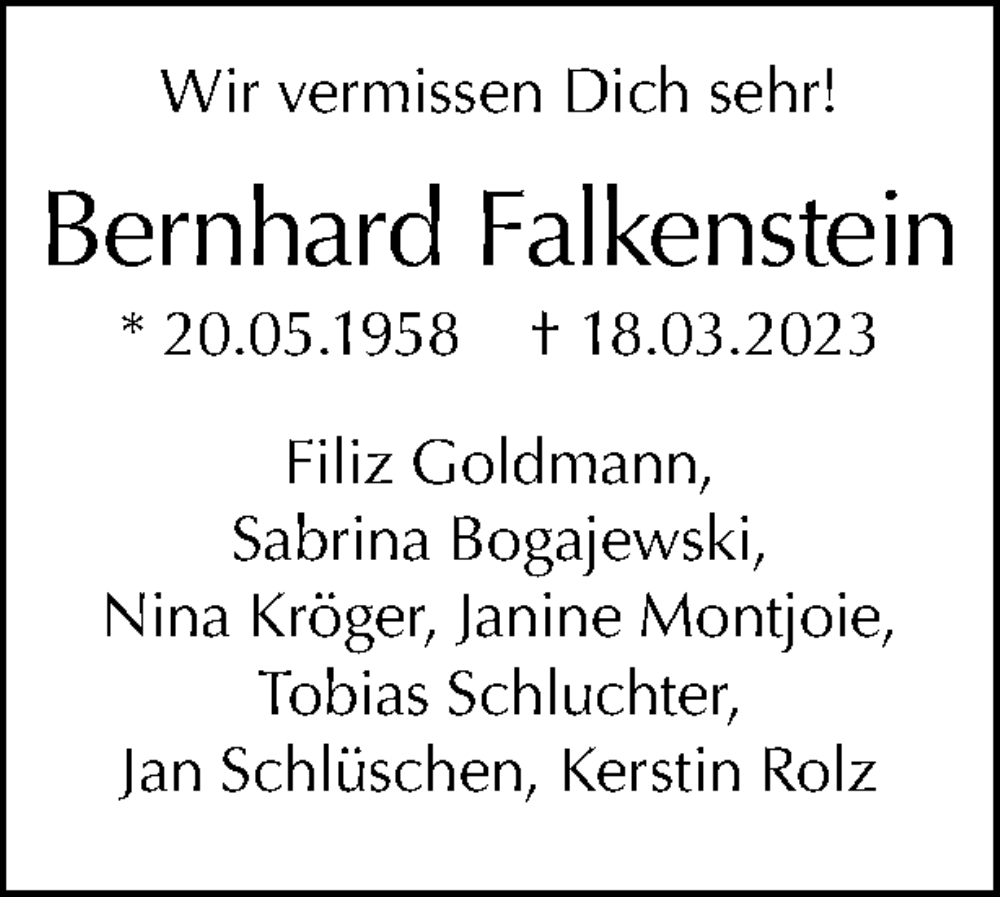  Traueranzeige für Bernhard Falkenstein vom 29.03.2023 aus Tagesspiegel