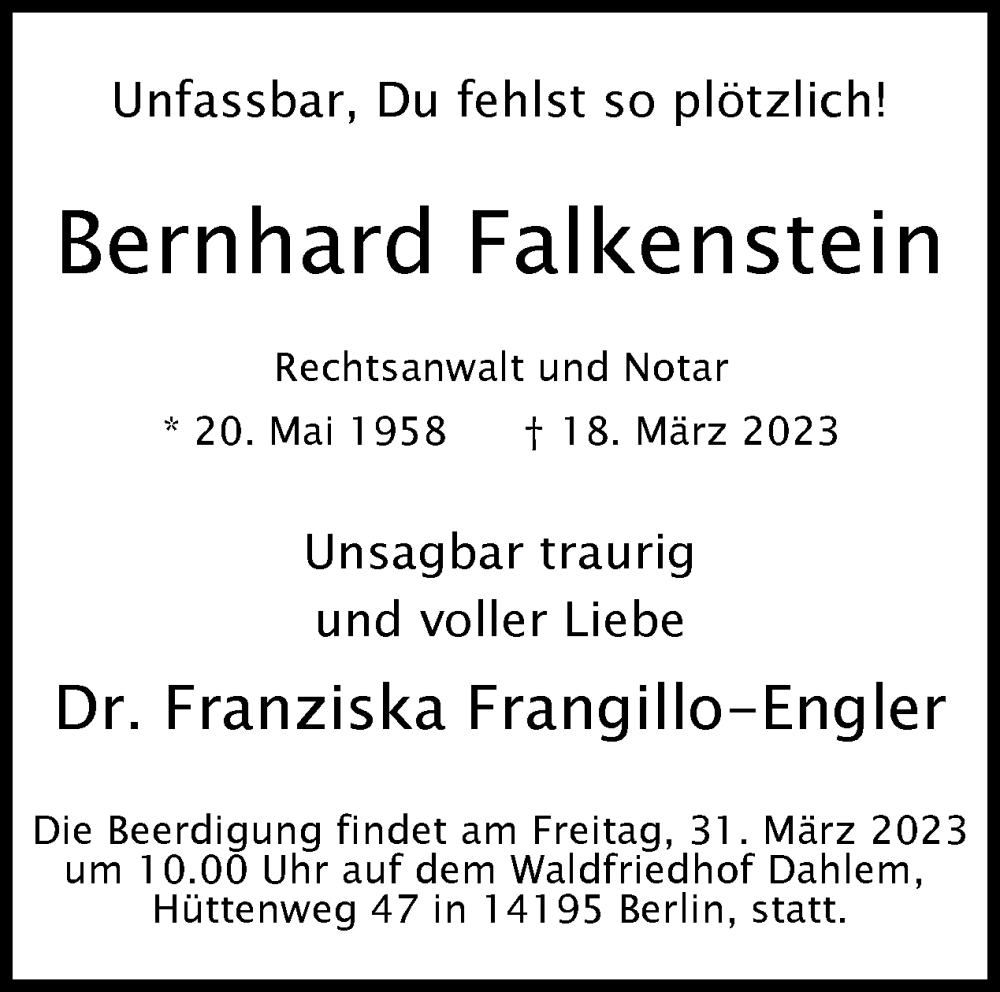  Traueranzeige für Bernhard Falkenstein vom 26.03.2023 aus Tagesspiegel