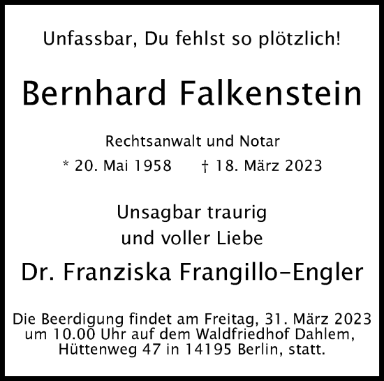 Traueranzeige von Bernhard Falkenstein von Tagesspiegel