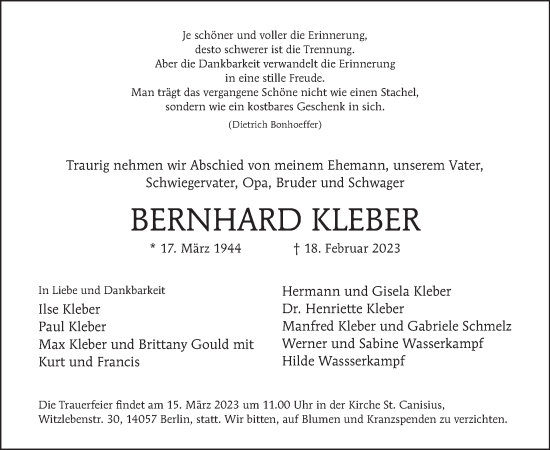 Traueranzeige von Bernhard Kleber von Tagesspiegel