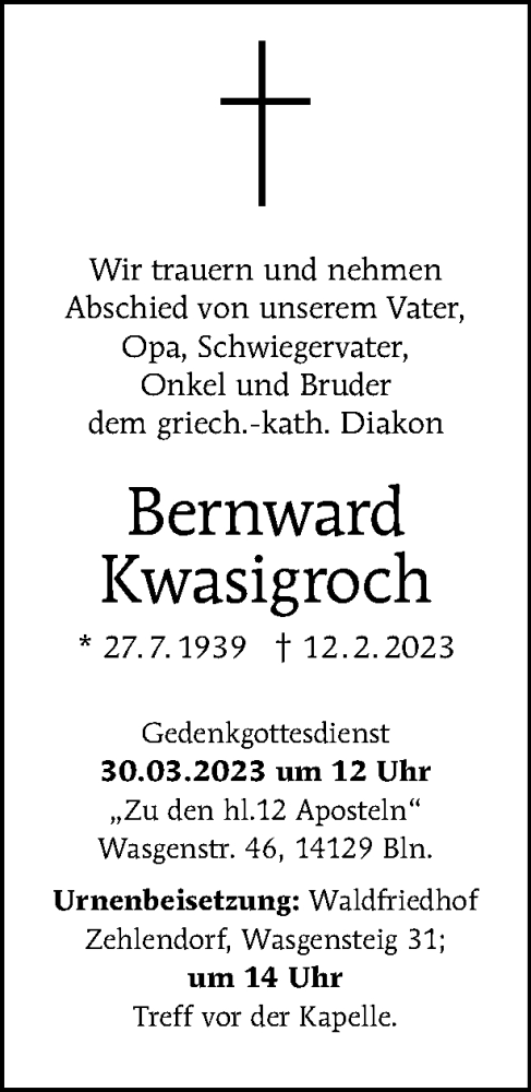 Traueranzeige von Bernward Kwasigroch von Tagesspiegel