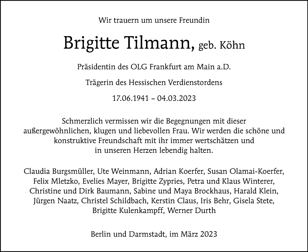  Traueranzeige für Brigitte Tilmann vom 12.03.2023 aus Tagesspiegel
