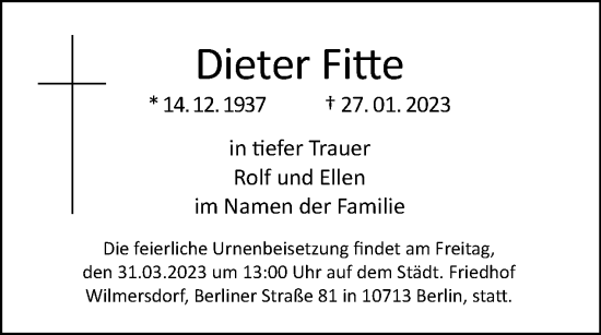 Traueranzeige von Dieter Fitte von Tagesspiegel