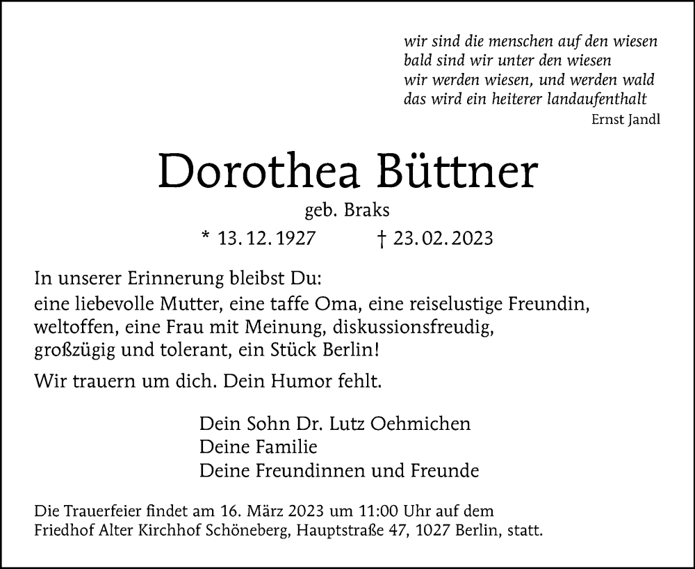  Traueranzeige für Dorothea Büttner vom 12.03.2023 aus Tagesspiegel