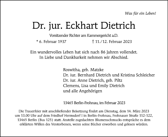 Traueranzeige von Eckhart Dietrich von Tagesspiegel