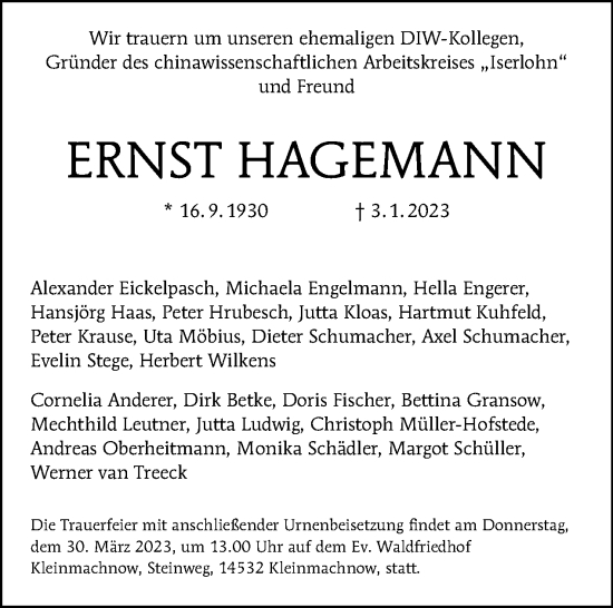 Traueranzeige von Ernst Hagemann von Tagesspiegel