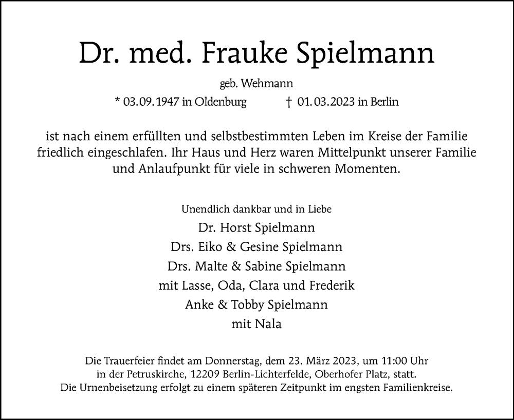  Traueranzeige für Frauke Spielmann vom 12.03.2023 aus Tagesspiegel