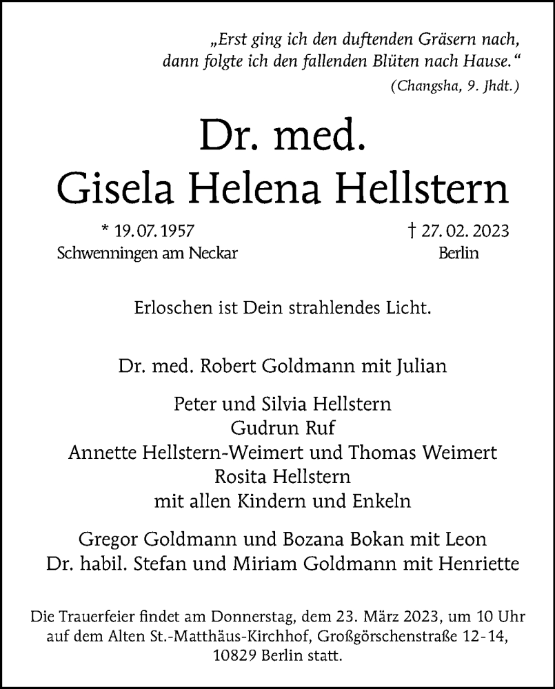  Traueranzeige für Gisela Helena Hellstern vom 12.03.2023 aus Tagesspiegel