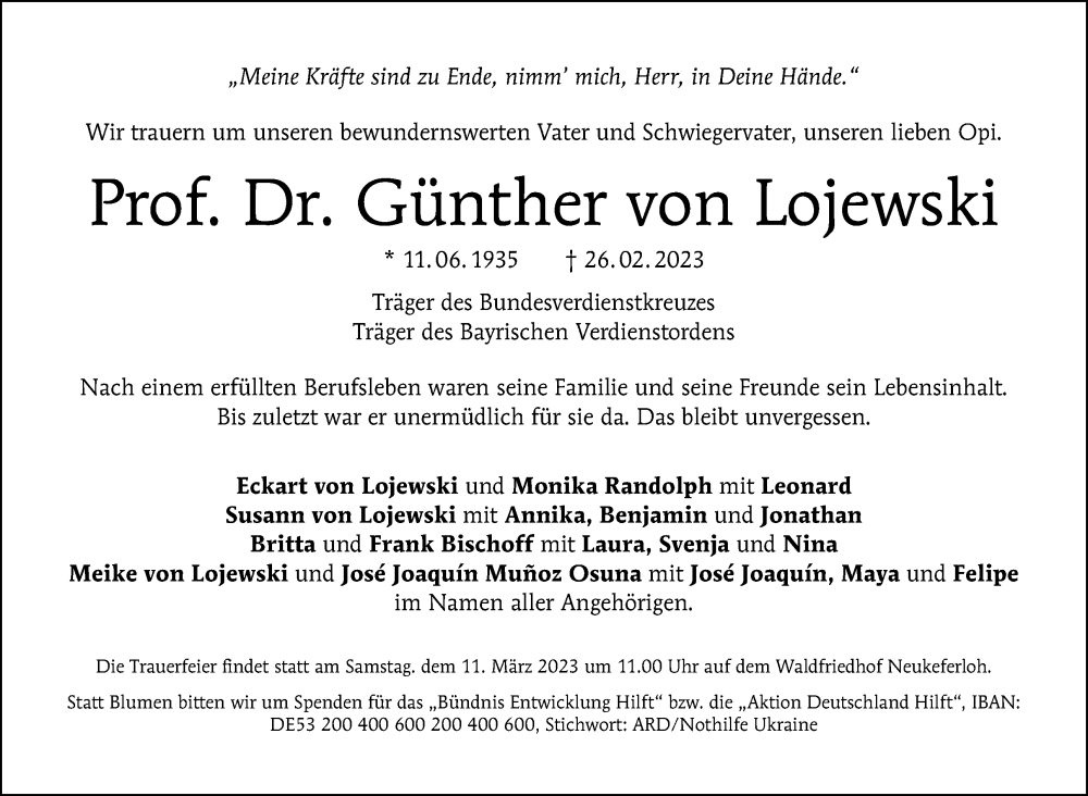 Traueranzeige für Günther von Lojewski vom 05.03.2023 aus Tagesspiegel