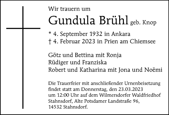 Traueranzeige von Gundula Brühl von Tagesspiegel