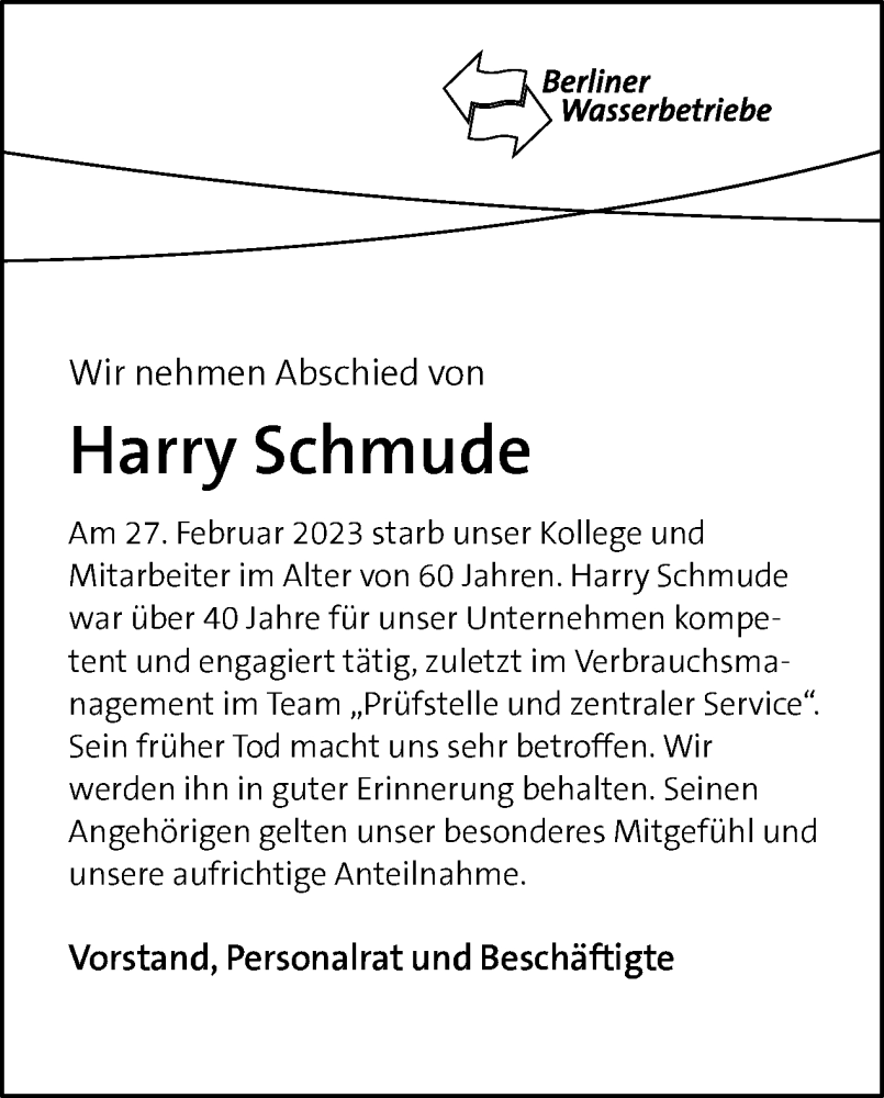  Traueranzeige für Harry Schmude vom 12.03.2023 aus Tagesspiegel