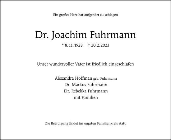 Traueranzeige von Joachim Fuhrmann von Tagesspiegel