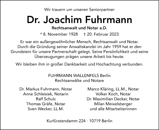 Traueranzeige von Joachim Fuhrmann von Tagesspiegel