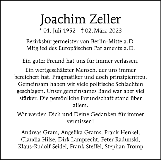 Traueranzeige von Joachim Zeller von Tagesspiegel