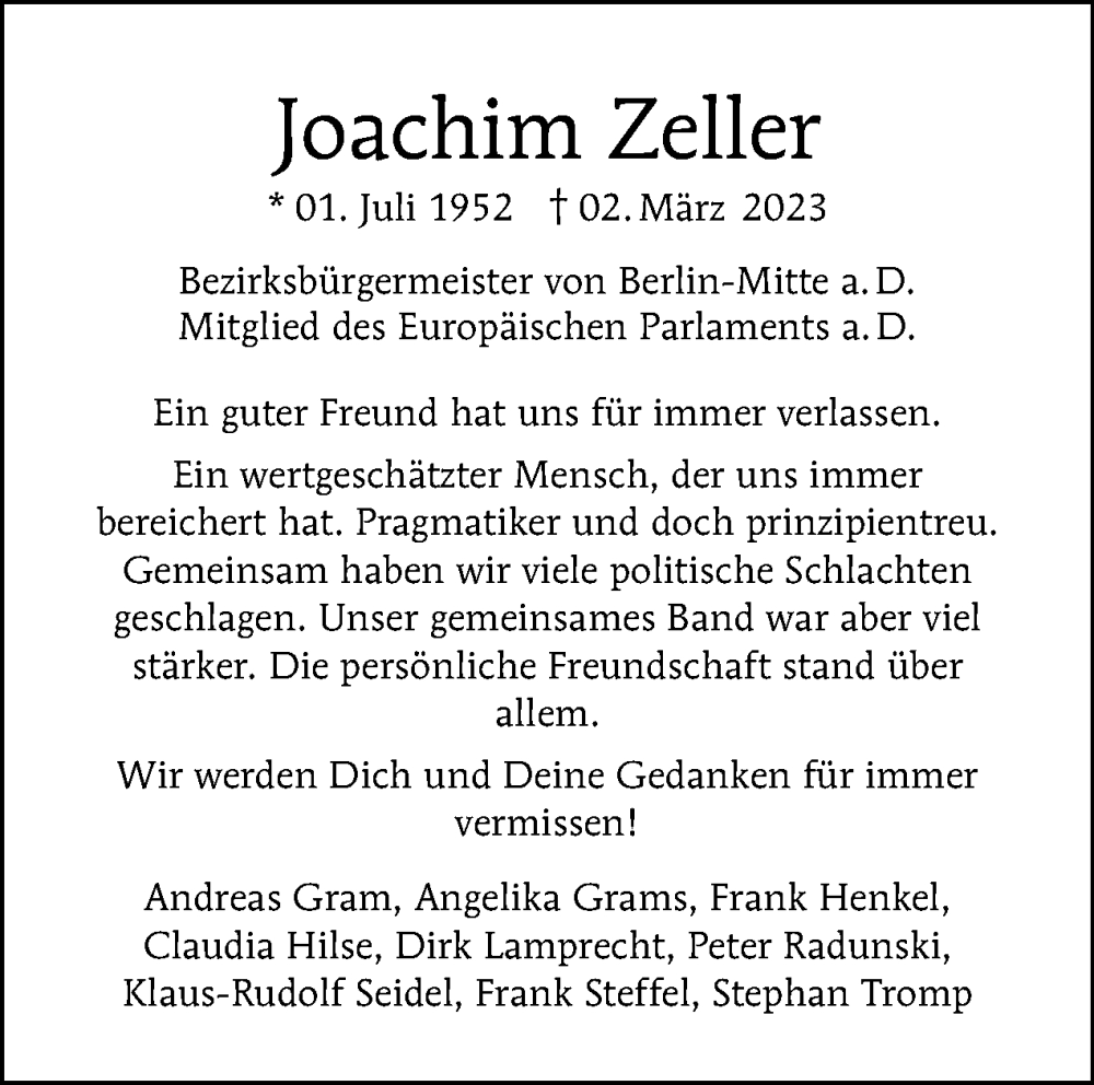  Traueranzeige für Joachim Zeller vom 05.03.2023 aus Tagesspiegel