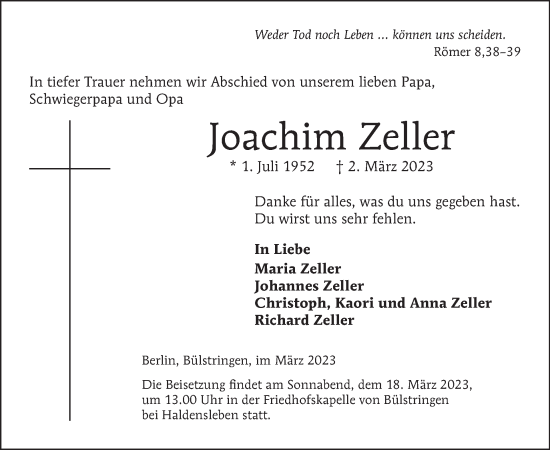 Traueranzeige von Joachim Zeller von Tagesspiegel