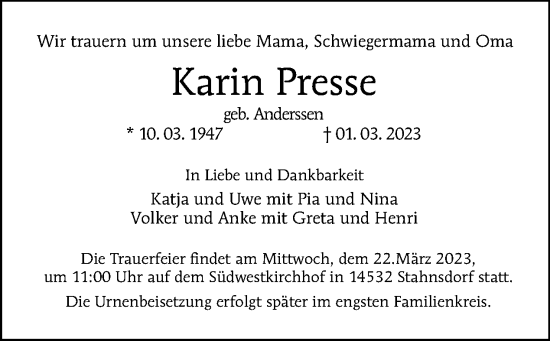 Traueranzeige von Karin Presse von Tagesspiegel