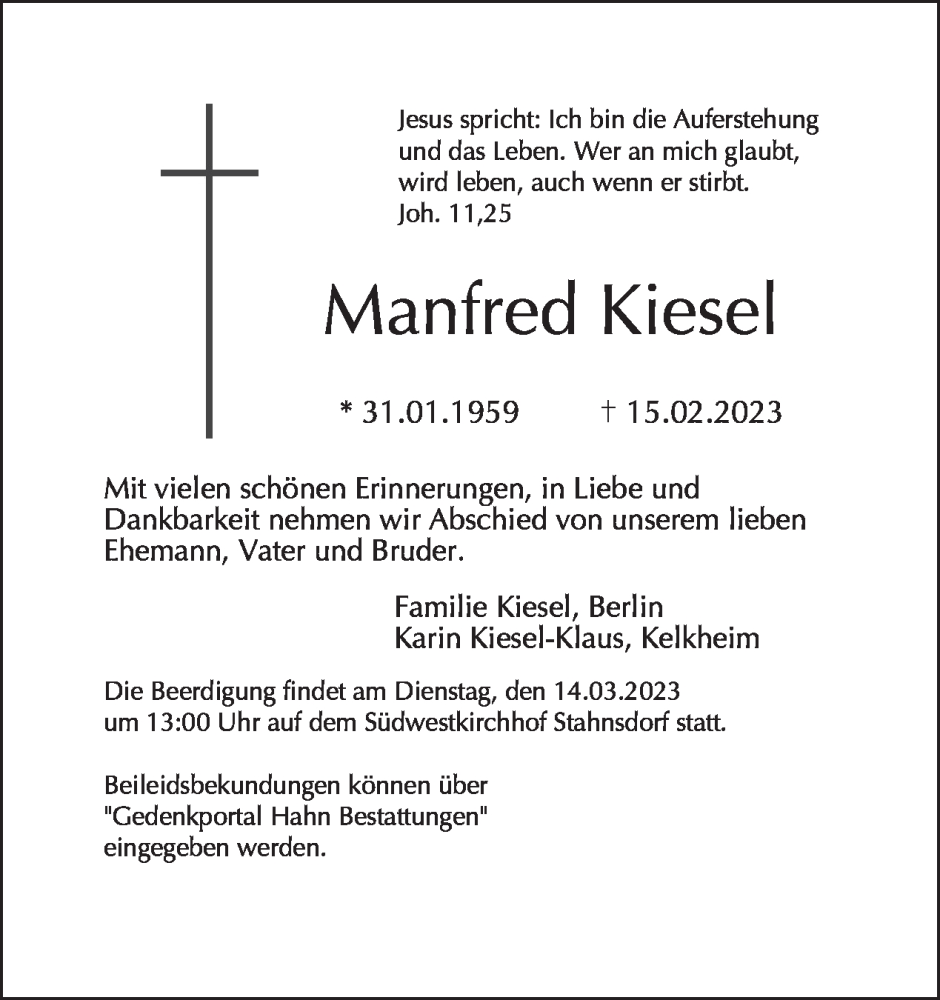  Traueranzeige für Manfred Kiesel vom 12.03.2023 aus Tagesspiegel