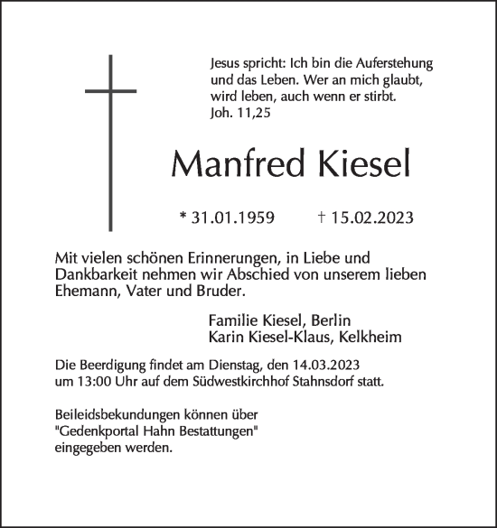 Traueranzeige von Manfred Kiesel von Tagesspiegel