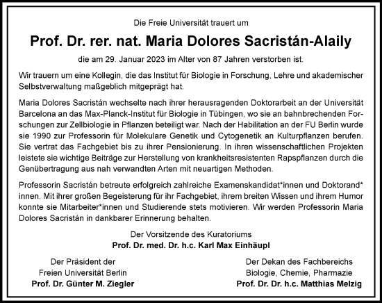 Traueranzeige von Maria Dolores Sacristan-Alaily von Tagesspiegel