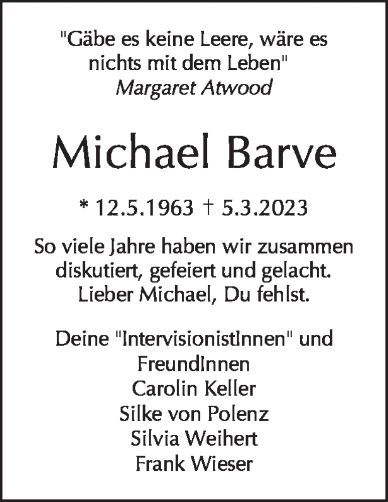  Traueranzeige für Michael Barve vom 19.03.2023 aus Tagesspiegel