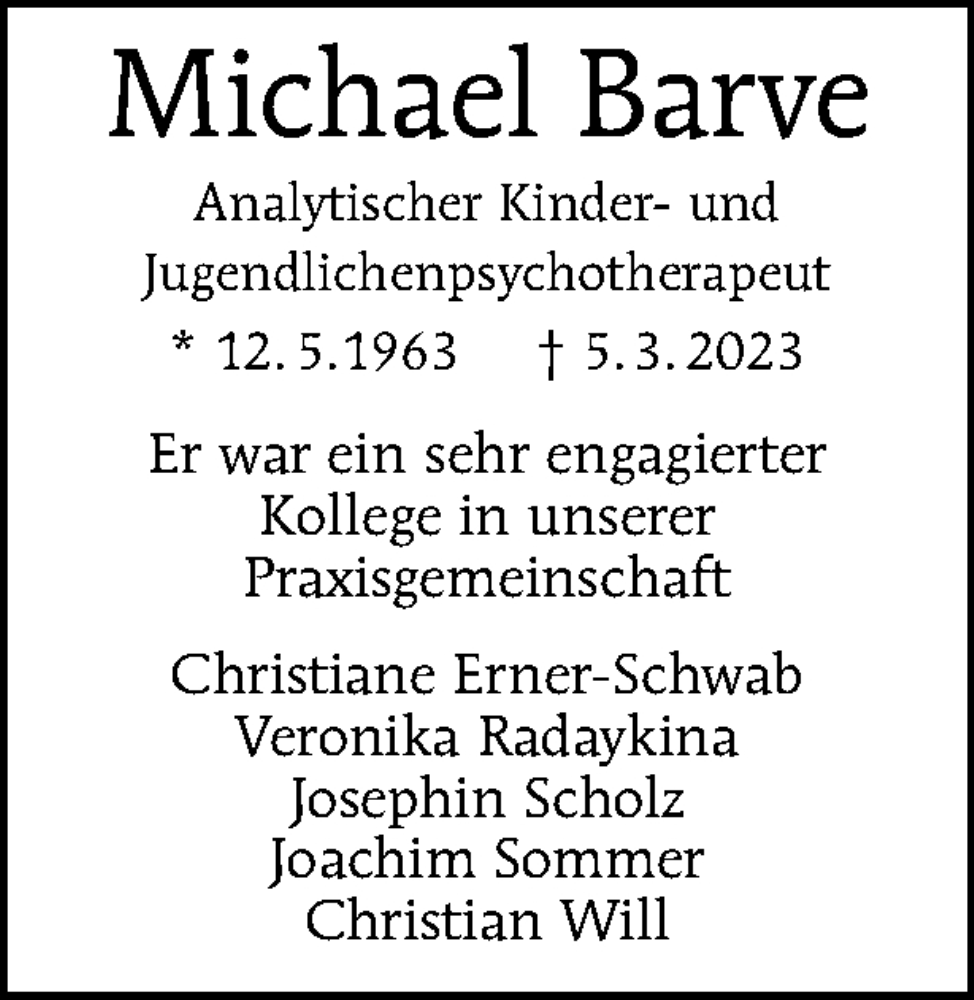  Traueranzeige für Michael Barve vom 26.03.2023 aus Tagesspiegel
