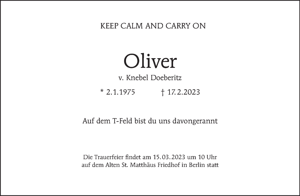  Traueranzeige für Oliver von Knebel Doeberitz vom 05.03.2023 aus Tagesspiegel