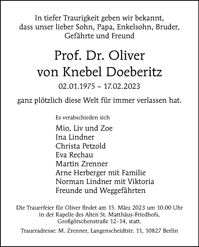  Traueranzeige für Oliver von Knebel Doeberitz vom 12.03.2023 aus Tagesspiegel