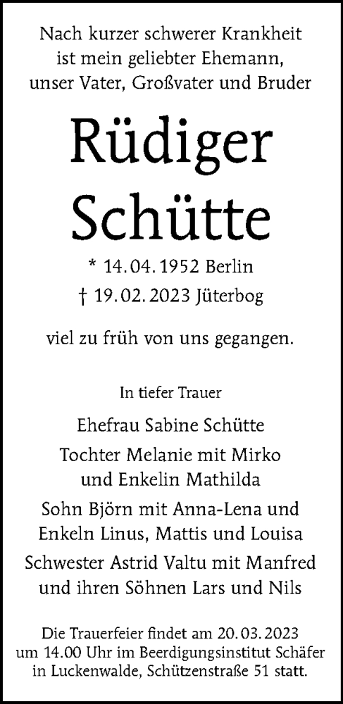  Traueranzeige für Rüdiger Schütte vom 05.03.2023 aus Tagesspiegel