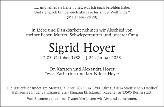 Traueranzeige von Sigrid Hoyer von Tagesspiegel