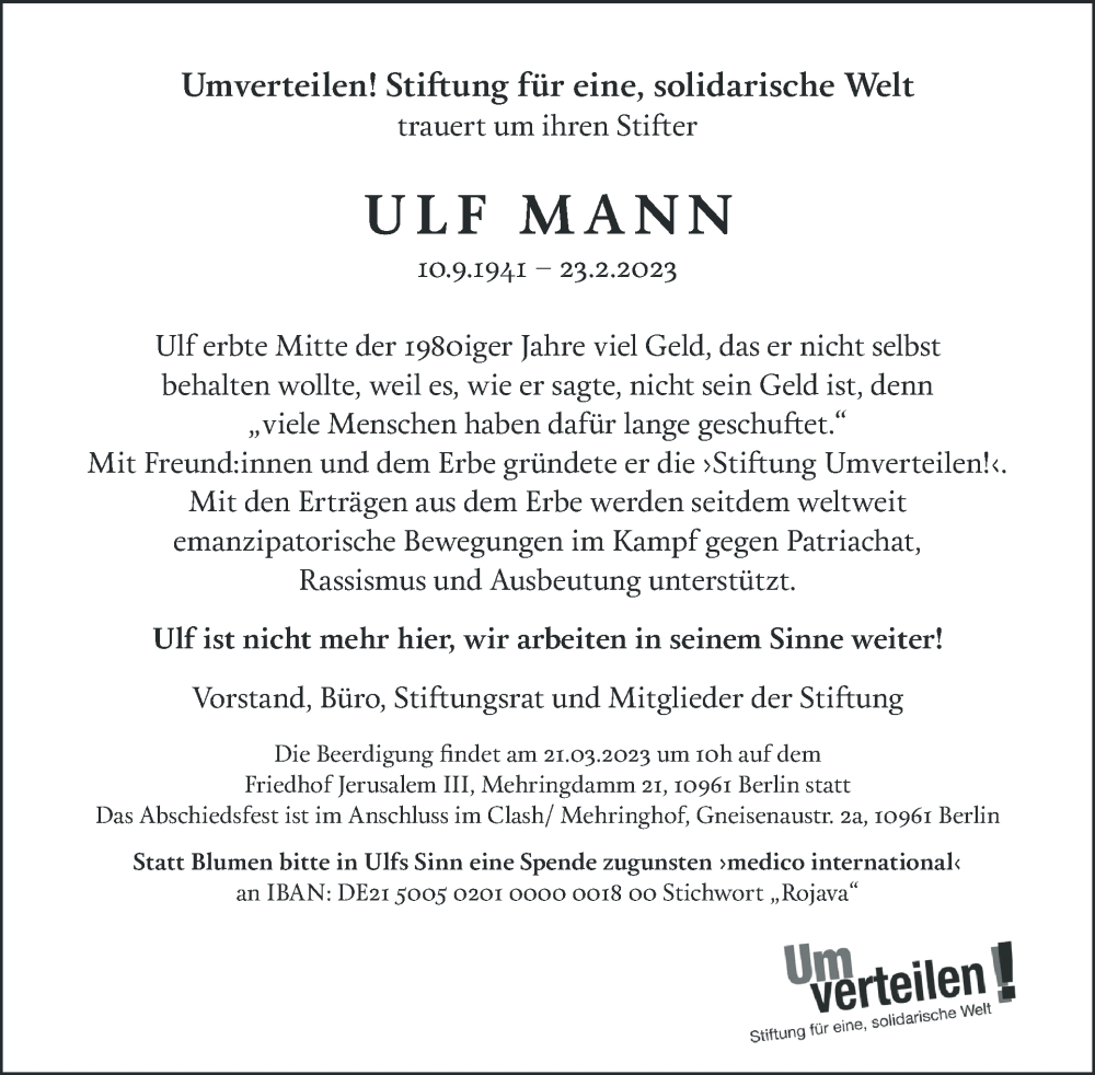  Traueranzeige für Ulf Mann vom 12.03.2023 aus Tagesspiegel