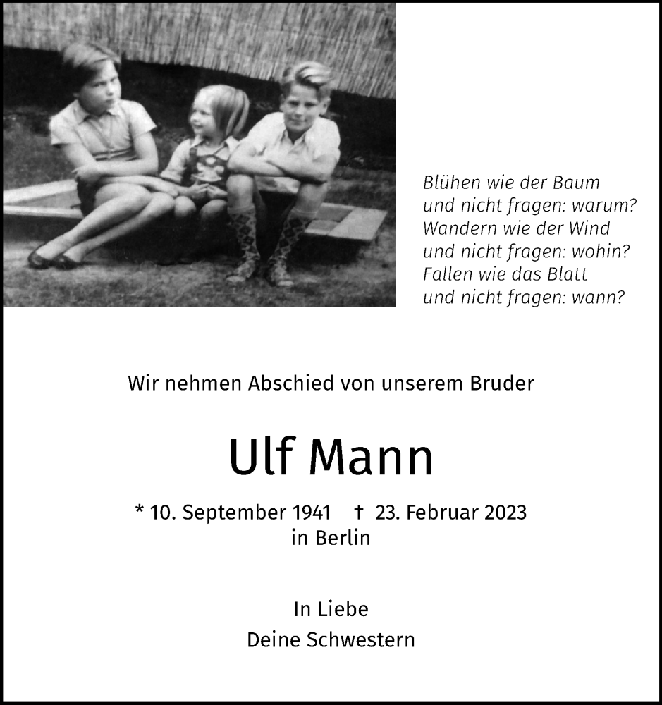  Traueranzeige für Ulf Mann vom 12.03.2023 aus Tagesspiegel