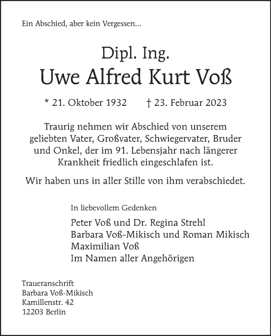 Traueranzeige von Uwe Alfred Kurt Voß von Tagesspiegel