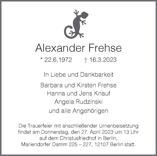 Traueranzeige von Alexander Frehse von Tagesspiegel