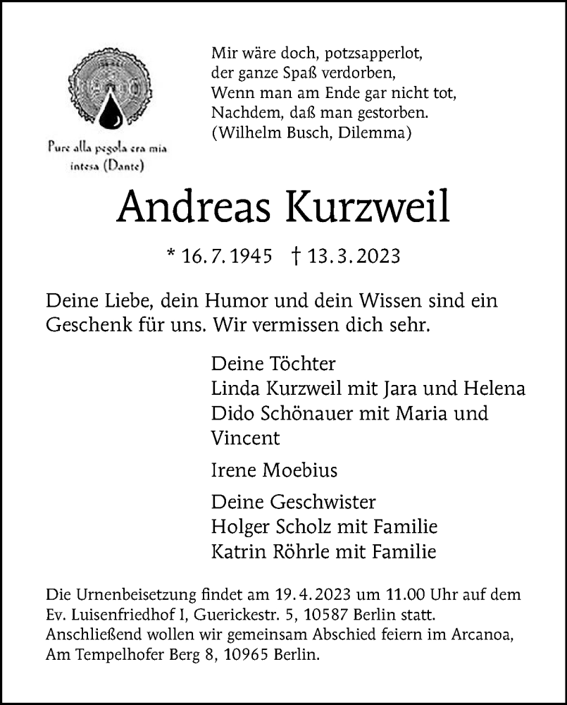  Traueranzeige für Andreas Kurzweil vom 02.04.2023 aus Tagesspiegel