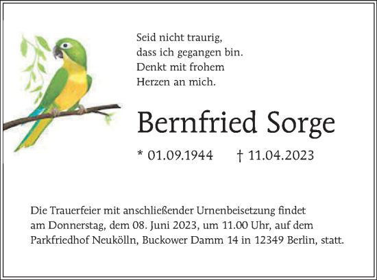 Traueranzeige von Bernfried Sorge von Tagesspiegel