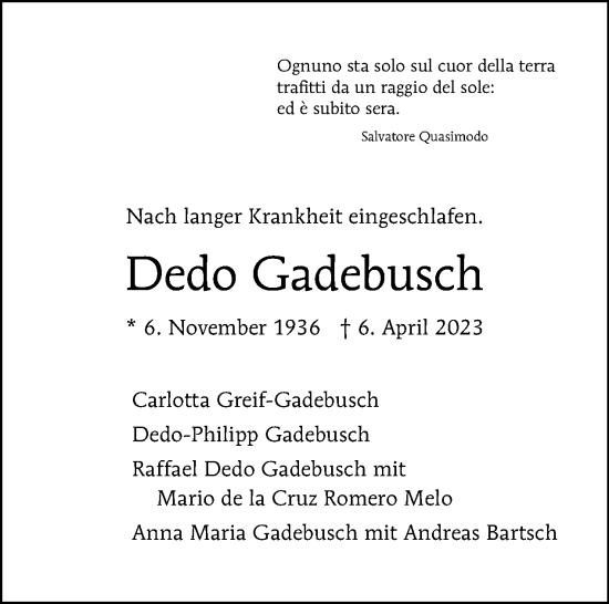 Traueranzeige von Dedo Gadebusch von Tagesspiegel