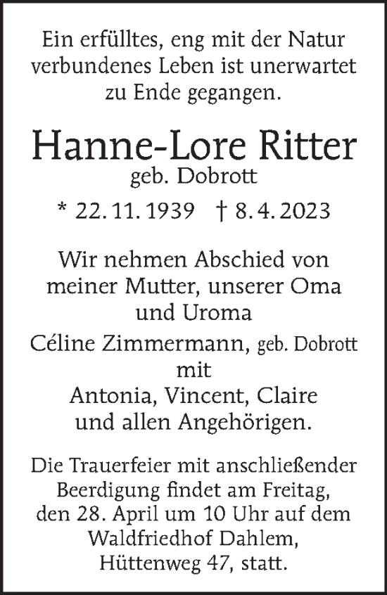 Traueranzeige von Hanne-Lore Ritter von Tagesspiegel