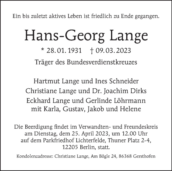 Traueranzeige von Hans-Georg Lange von Tagesspiegel