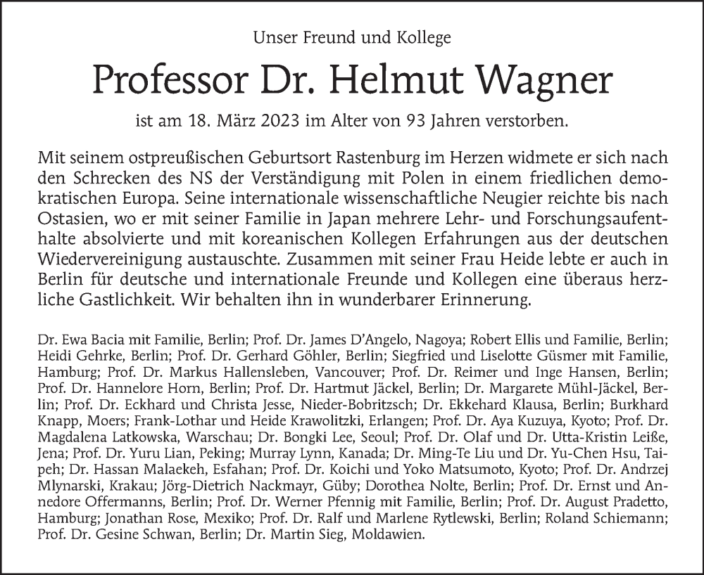  Traueranzeige für Helmut Wagner vom 09.04.2023 aus Tagesspiegel