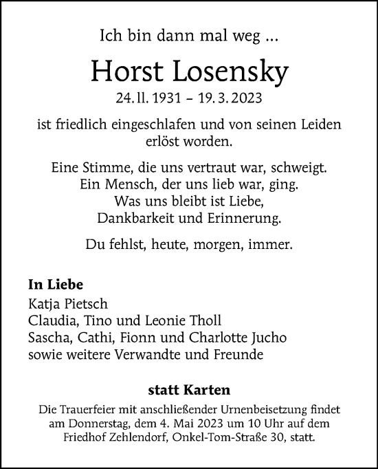 Traueranzeige von Horst Losensky von Tagesspiegel