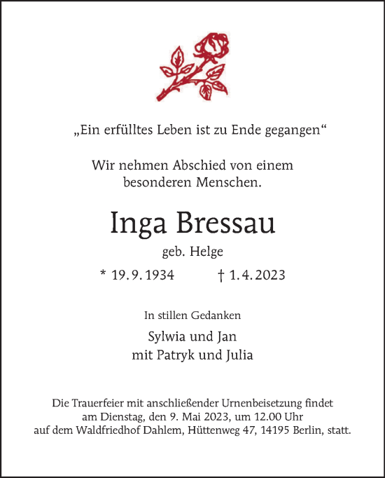 Traueranzeige von Inga Bressau von Tagesspiegel