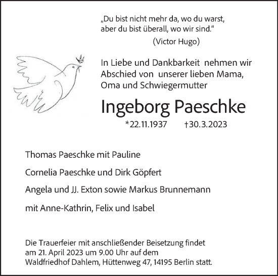 Traueranzeige von Ingeborg Paeschke von Tagesspiegel