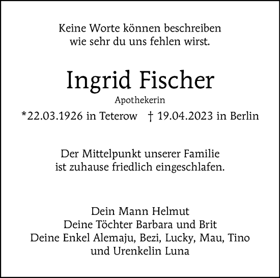 Traueranzeige von Ingrid Fischer von Tagesspiegel