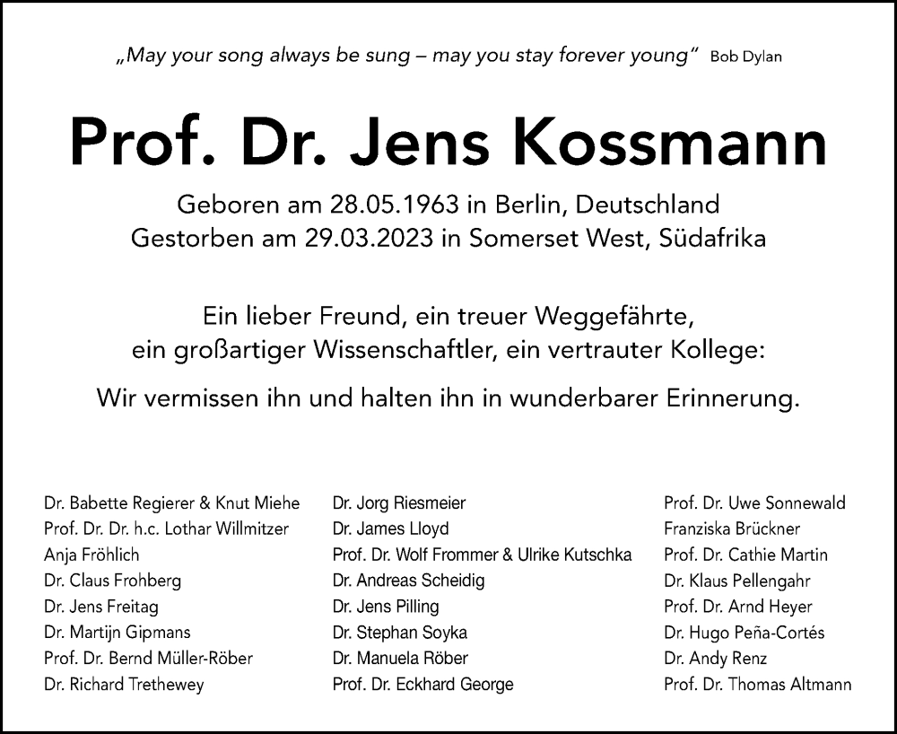  Traueranzeige für Jens Kossmann vom 23.04.2023 aus Tagesspiegel