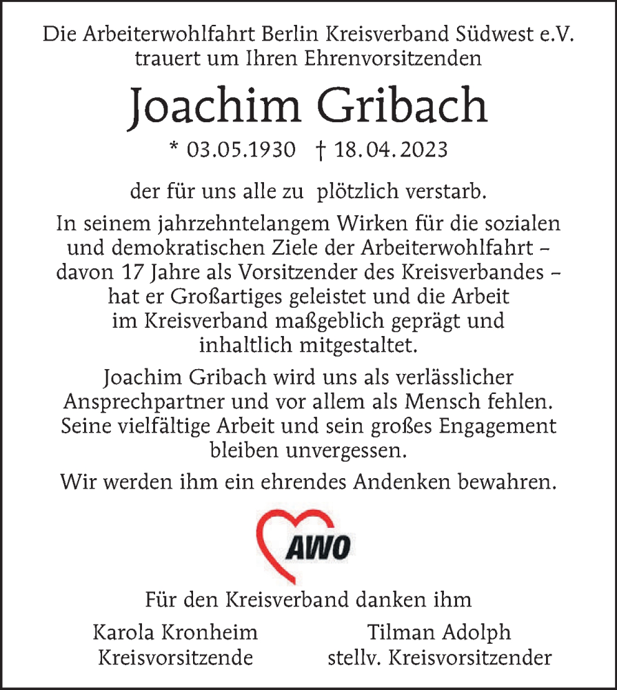  Traueranzeige für Joachim Gribach vom 23.04.2023 aus Tagesspiegel