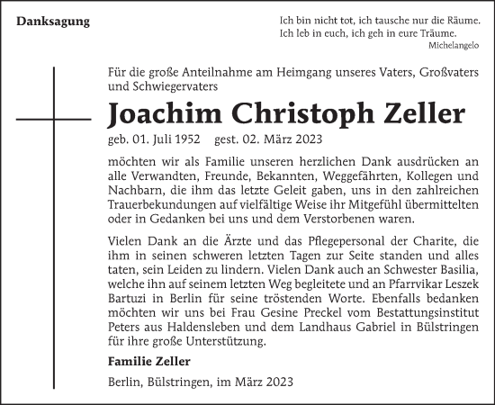 Traueranzeige von Joachim Christoph Zeller von Tagesspiegel