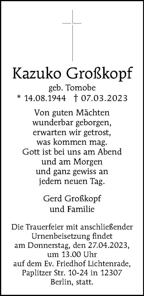 Traueranzeige von Kazuko Großkopf von Tagesspiegel