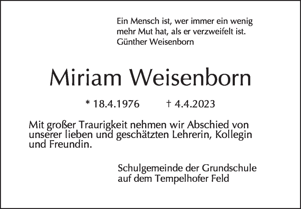  Traueranzeige für Miriam Weisenborn vom 23.04.2023 aus Tagesspiegel
