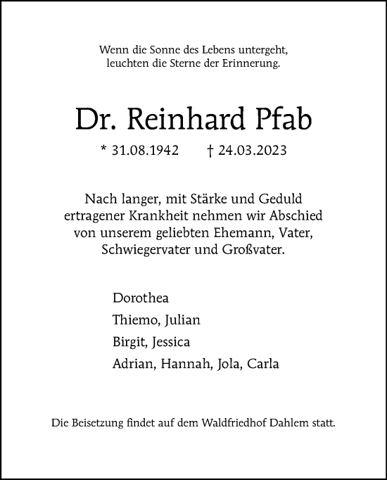 Traueranzeige von Reinhard Pfab von Tagesspiegel